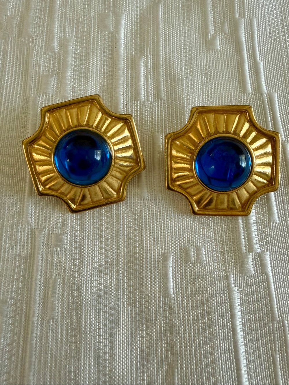 Gold and Blue Statement Clip-on Earrings - Faux Saphire